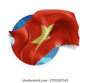 Vietnam, vector 3d flag against a blue sky, through a round hole on a white background