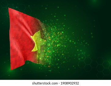 Vietnam, vector 3d flag on green background with polygons and data numbers