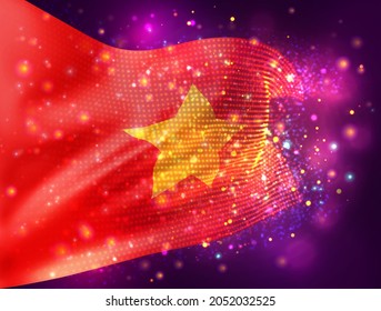 Vietnam, vector 3d flag on pink purple background with lighting and flares