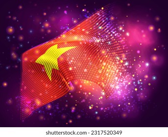 Vietnam, vector 3d flag on pink purple background with lighting and flares