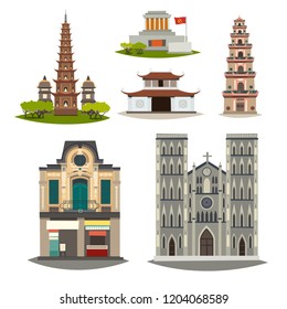 Vietnam vector building collection. Detailed pagoda, house, mausoleum cartoon illustration. Historical place cityscape isolated on white background. Architecture in the town 