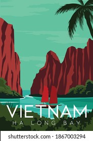 Vietnam Vector Illustration Background. Travel to Ha Long Bay Vietnam. Flat Cartoon Vector Illustration in Colored Style.