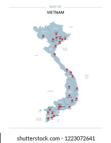 Vietnam vector map. Editable template with regions, cities, red pins and blue surface on white background.