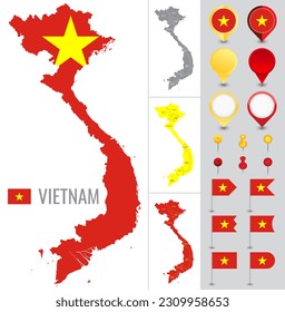 Vietnam vector map with flag, globe and icons on white background