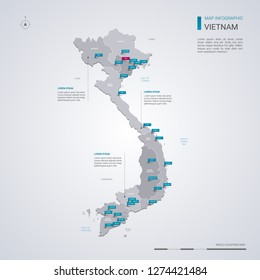 Vietnam vector map with infographic elements, pointer marks. Editable template with regions, cities and capital Hanoi. 
