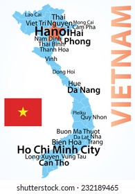 Vietnam - vector map with largest cities, carefully scaled text by city population, geographically correct.