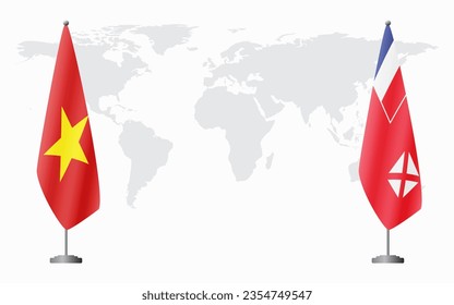 Vietnam and Wallis and Futuna flags for official meeting against background of world map.