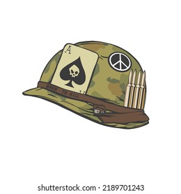 Vietnam war american soldier helmet in hand drawn style for print and design. Vector illustration.