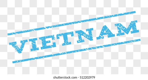 Vietnam watermark stamp. Text caption between parallel lines with grunge design style. Rubber seal stamp with dirty texture. Vector light blue color ink imprint on a chess transparent background.