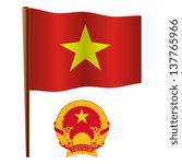 vietnam wavy flag and coat of arm against white background, vector art illustration, image contains transparency