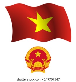 vietnam wavy flag and coat of arm against white background, vector art illustration, image contains transparency