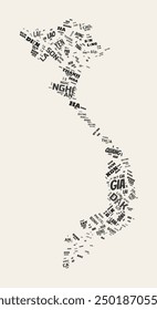 Vietnam word cloud in a vintage gazette style, showcasing the country's regions and typographic design. Elegant vector illustration.