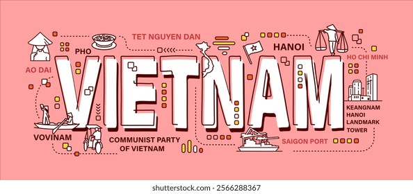 Vietnam . Word and outline icon on solid color background . Vector .