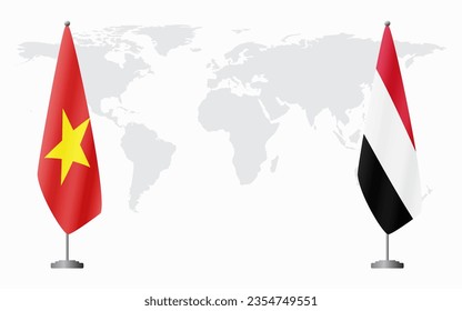 Vietnam and Yemen flags for official meeting against background of world map.