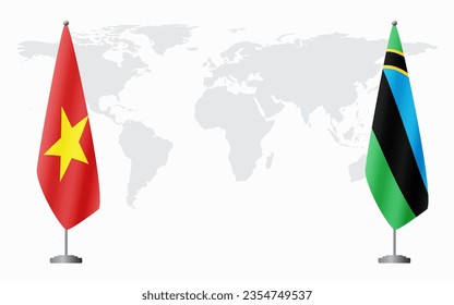 Vietnam and Zanzibar flags for official meeting against background of world map.