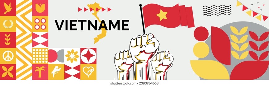 VIETNAME national day banner with map, flag colors theme background and geometric abstract retro modern colorfull design with raised hands or fists.