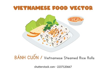 Vietnamese Banh Cuon - steamed rice rolls with minced pork flat vector design, clipart cartoon style. Asian food. Vietnamese cuisine. Vietnamese tasty street food