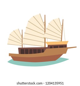 Vietnamese boat vector illustration. Asian old ship icon, cartoon flat design. Isolated on white background