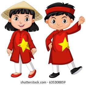 Vietnamese boy and girl in red costume illustration