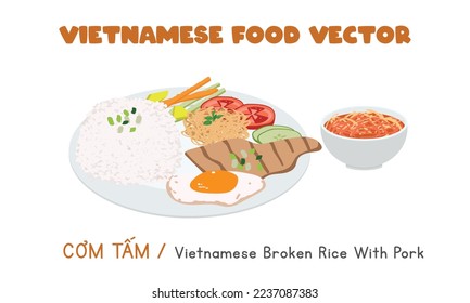 Vietnamese broken rice with grilled pork, egg, and fresh vegetables flat vector design. Com Tam clipart cartoon style. Asian food. Vietnamese cuisine