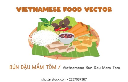 Vietnamese Bun Dau Mam Tom flat vector design. Rice noodles with fried tofu, boiled pork, shrimp paste sauce and vegetables clipart cartoon style. Asian food. Vietnamese cuisine. Vietnam exotic food