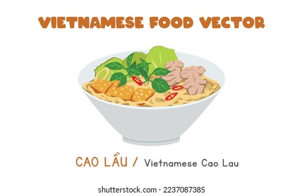 Vietnamese Cao Lau noodles with pork and vegetables flat vector design. Cao Lau clipart cartoon style. Asian food. Vietnamese cuisine