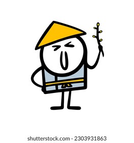 Vietnamese or Chinese man in a conical hat holds a sprig of rice. Vector illustration of a stickman with a harvest in summer.