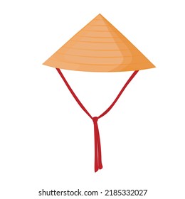 Vietnamese conical hat. Traditional headdress made of dried grass or palm leaves. Vector stock illustration. Isolated on a white background.