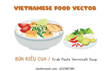 Vietnamese crab paste and tomato vermicelli rice noodle soup flat vector design. Bun Rieu Cua clipart cartoon style. Asian food. Vietnamese cuisine