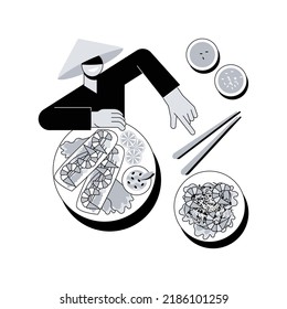 Abstrakte vietnamesische Küche, Vektorgrafik. Vegetarischer vietnamesischer Ort, Frühlingsrollen Rezept, orientalische Speisekarte, scharfe asiatische Küche, traditionelle vietnamesische Küche abstrakte Metapher.