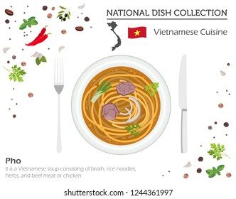Vietnamese Cuisine. Asian national dish collection. Pho soup isolated on white, infograpic. Vector illustration
