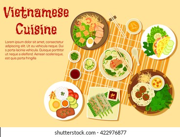 Vietnamese Cuisine With Beef And Rice Soup Bun Bo, Rice Pancakes, Shrimp Salad Rolls, Rice Com Tam With Vermicelli Cakes, Meatballs With Noodles And Pork Chop With Egg And Rice, Vegetables And Sauces