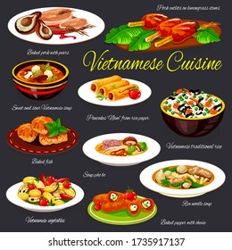 Vietnamese cuisine dishes vector set. Pork with pears, cutlets on lemongrass stem, Vietnamese rice and pancakes, sweet and sour, beef, rice noodle or Pho Bo soups, baked fish and pepper with cheese