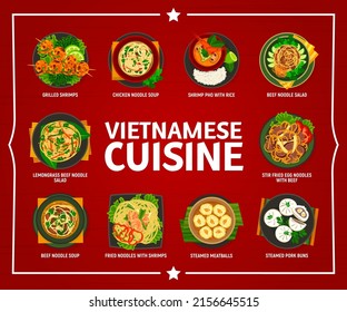 Vietnamese cuisine menu, Asian restaurant food dishes and meals, vector. Vietnamese cuisine food with shrimps and dumplings buns and noodles pho soup, steamed meatballs and lemongrass salad