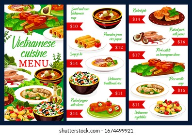 Vietnamese cuisine restaurant menu with meat and fish dishes. Vector vegetable rice, beef pho bo, noodle and sweet sour soups, grilled cutlets, baked pork, stuffed pepper with cheese, pancakes