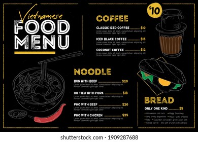 Vietnamese cuisine restaurant menu with noodle,bread and coffee.