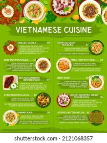 Vietnamese cuisine restaurant menu template. Sea cucumber in brown sauce, bacon wrapped enoki and udon noodles, grilled quails and fried fish with rice, stuffed bitter melon, shrimp and beef soups