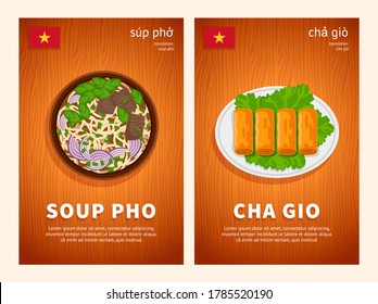 Vietnamese cuisine, traditional asian food, national dishes of Vietnam on a wooden table. Soup Pho, Cha Gio rolls. Template for vertical web banner, menu. Top view. Flat vector illustration.