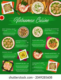 Cocina vietnamita menú vectorial plantilla ensalada de cordero vegetal, sopa de fideos de ternera pho bo y ensalada de gambas espinacas. Estofado de berenjenas, ensaladas de camarón y mango y sopa de setas shiitake de Vietnam