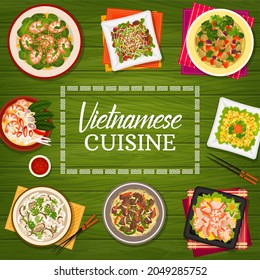 Vietnamese Cuisine Vector Prawn Soup Pho, Shiitake Mushroom Soup Pho Or Vegetable Lamb Salad. Beef Noodle Soup Pho Bo, Spinach Prawn Salad, Eggplant Stew And Shrimp Salad Vietnam Food Cartoon Poster