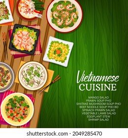 Vietnamese Cuisine Vector Shiitake Mushroom Soup, Vegetable Lamb Salad And Beef Noodle Pho Bo. Spinach Prawn, Mango Or Shrimp Salads, Eggplant Stew And Prawn Soup Pho Vietnam Meals Cartoon Poster