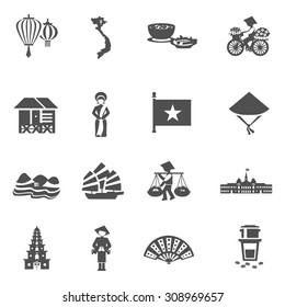 Vietnamese culture black white icons set with flowers coffee and fan flat isolated vector illustration 