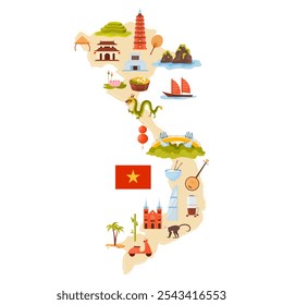 Elementos de la cultura vietnamita y bandera del país, Lugares famosos famosos y comida en el mapa infográfico de Vietnam. Puente de oro y templos, bote y paisaje marino, símbolos nacionales Ilustración vectorial de dibujos animados