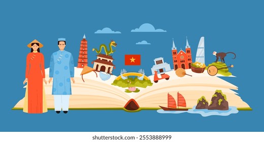 Vietnamese culture elements, food and famous landmarks of Vietnam in infographic collage with open giant paper book, people in traditional dress, Golden Bridge, palace cartoon vector illustration