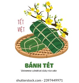 Vietnamese cylindrical sticky rice cake vector. Another type of chung cake in Vietnamese traditional new year. Vietnamese traditional food. Bánh tét. Cake made of rice, bean, pork meat.