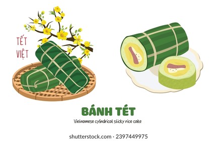 Vietnamese cylindrical sticky rice cake vector. Another type of chung cake in Vietnamese traditional new year. Vietnamese traditional food. Bánh tét. Cake made of rice, bean, pork meat.