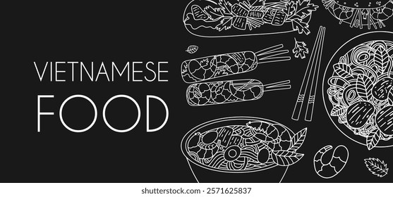 Vietnamese dishes vector doodle background. Traditional Asian cuisine banner. 