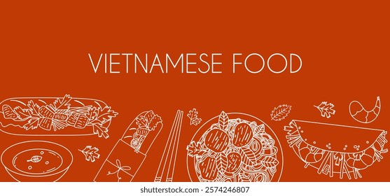 Vietnamese dishes vector doodle banner. Traditional Asian cuisine background. Pho soup, Banh xeo, Banh Mi. 