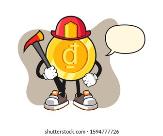 Vietnamese dong firefighter with speech bubble cartoon. Mascot Character vector.