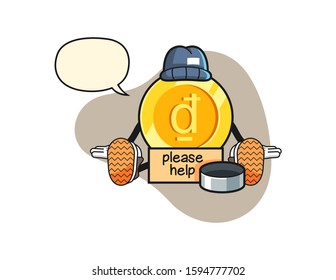 Vietnamese dong homeless with speech bubble cartoon. Mascot Character vector.